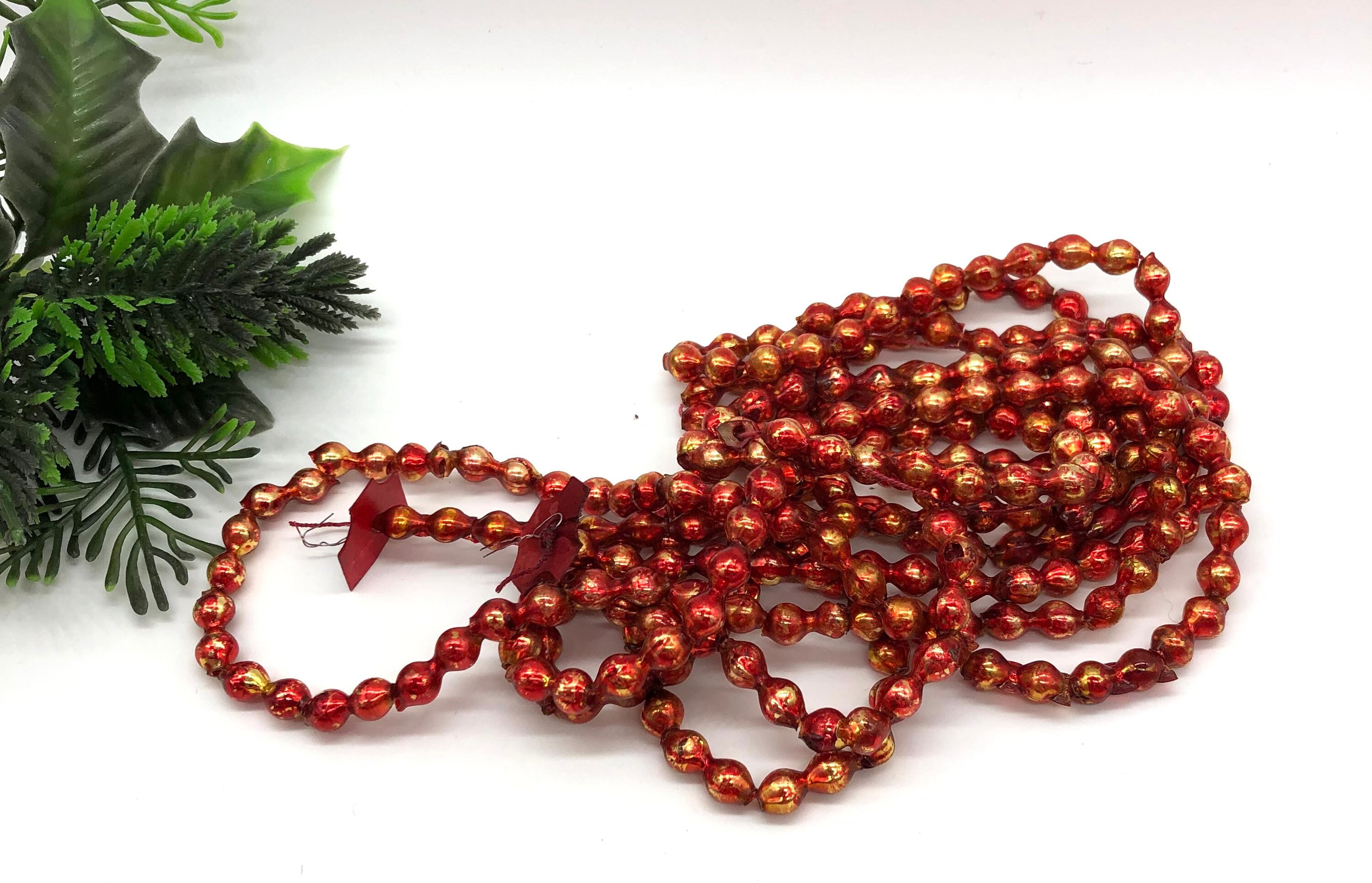 Vintage Mercury Glass Bead Garland 7' Beaded Green Red Gold 90