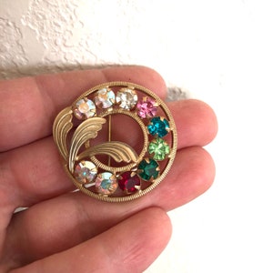 Vintage Rhinestone Brooch: Aurora Borealis Multi-Colored Circle Pin