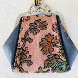 Vintage Leather Tapestry Coin Purse Silver Snap Closure