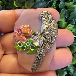 Vintage Papagei Brosche: Rosa Kunst-Glas, Strass Vogel Pin