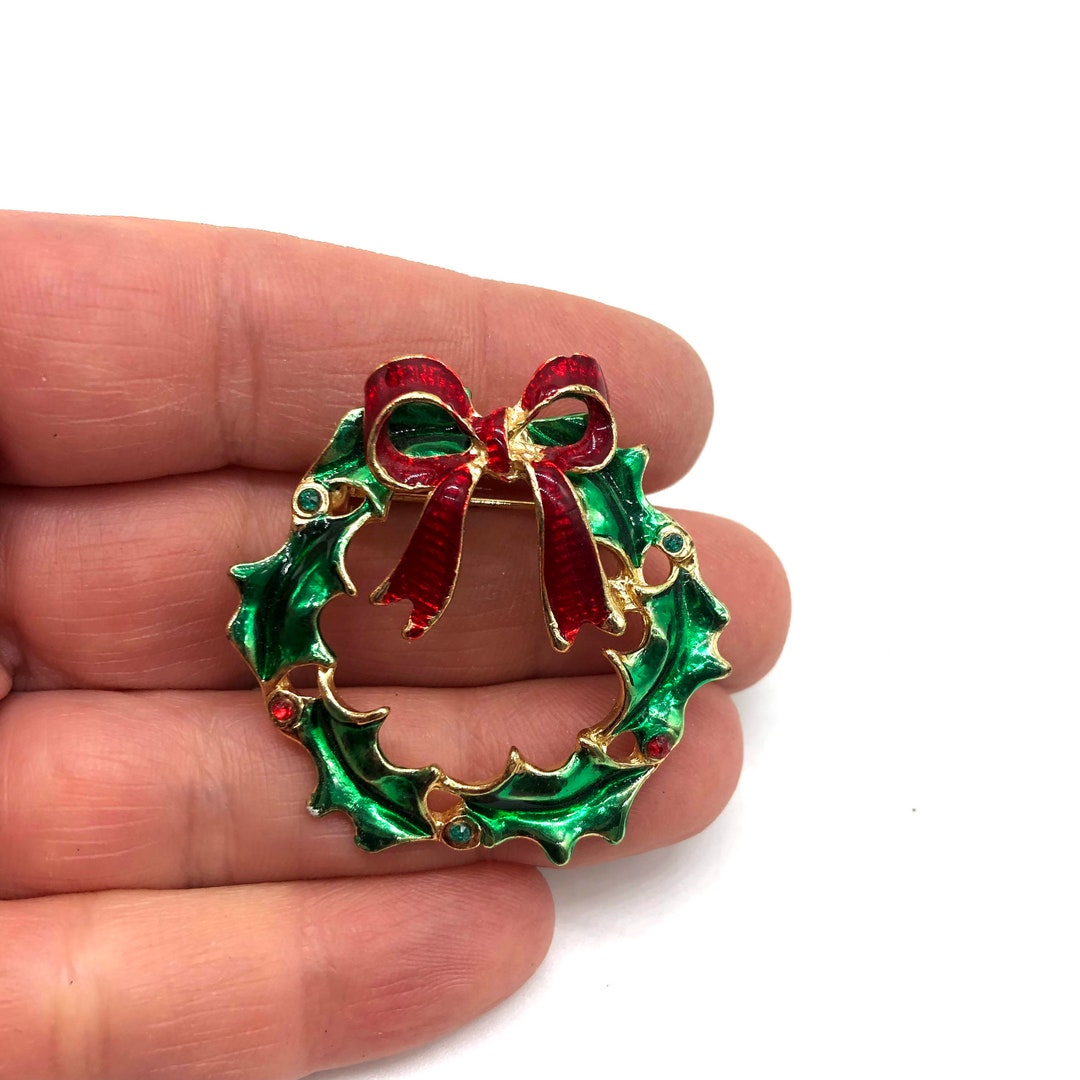 Broche Vintage Noël Lea Stein - Chat Observateur Rouge & Vert - Signée - Occasion