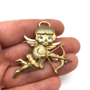 Vintage Jewelry Brooch signed Mamselle Angel Cherub Rhinestone Gold Tone Pin