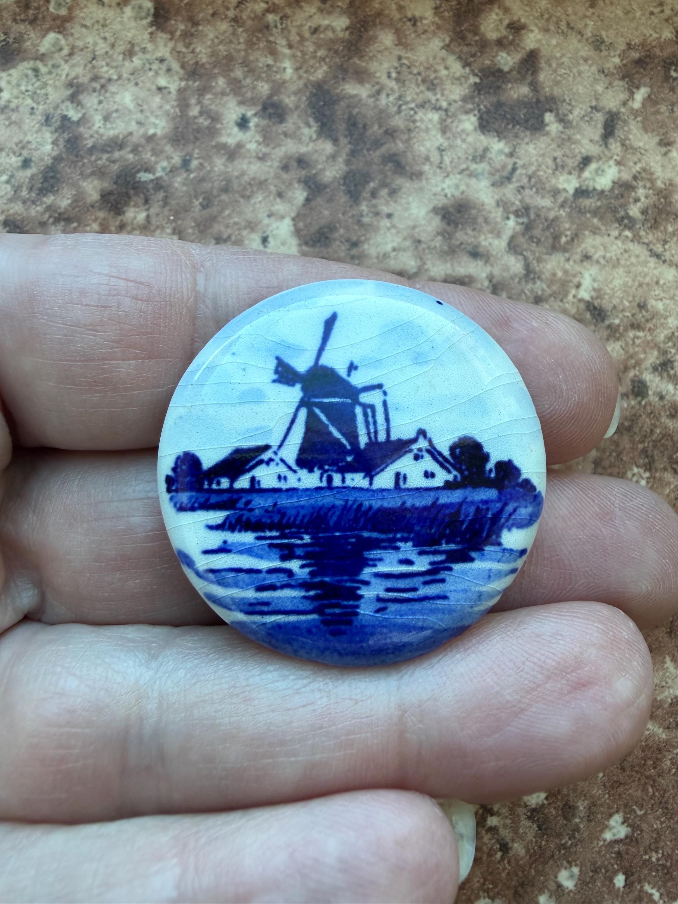 Vintage Dutch Delft Windmill Brooch: Hand Painted Holland Ceramic Pin ...