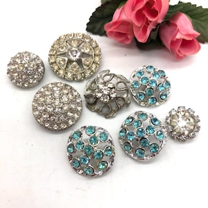 Vintage Strass Metall Knopf Sammlung Blau Klar Mix Lot