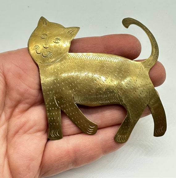 Vintage Jewelry Brooch Adorable Hand Stamped Cat … - image 1