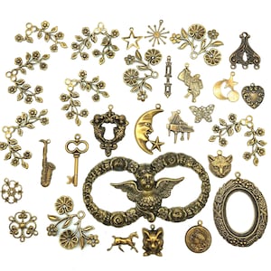 Vintage Brass Stampings 30 Pieces Findings Embellishments Jewelry Making Altered Art Steampunk Lot