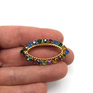 Vintage Jewelry Brooch Beautiful Multicolored Rhinestone Gold Tone Pin