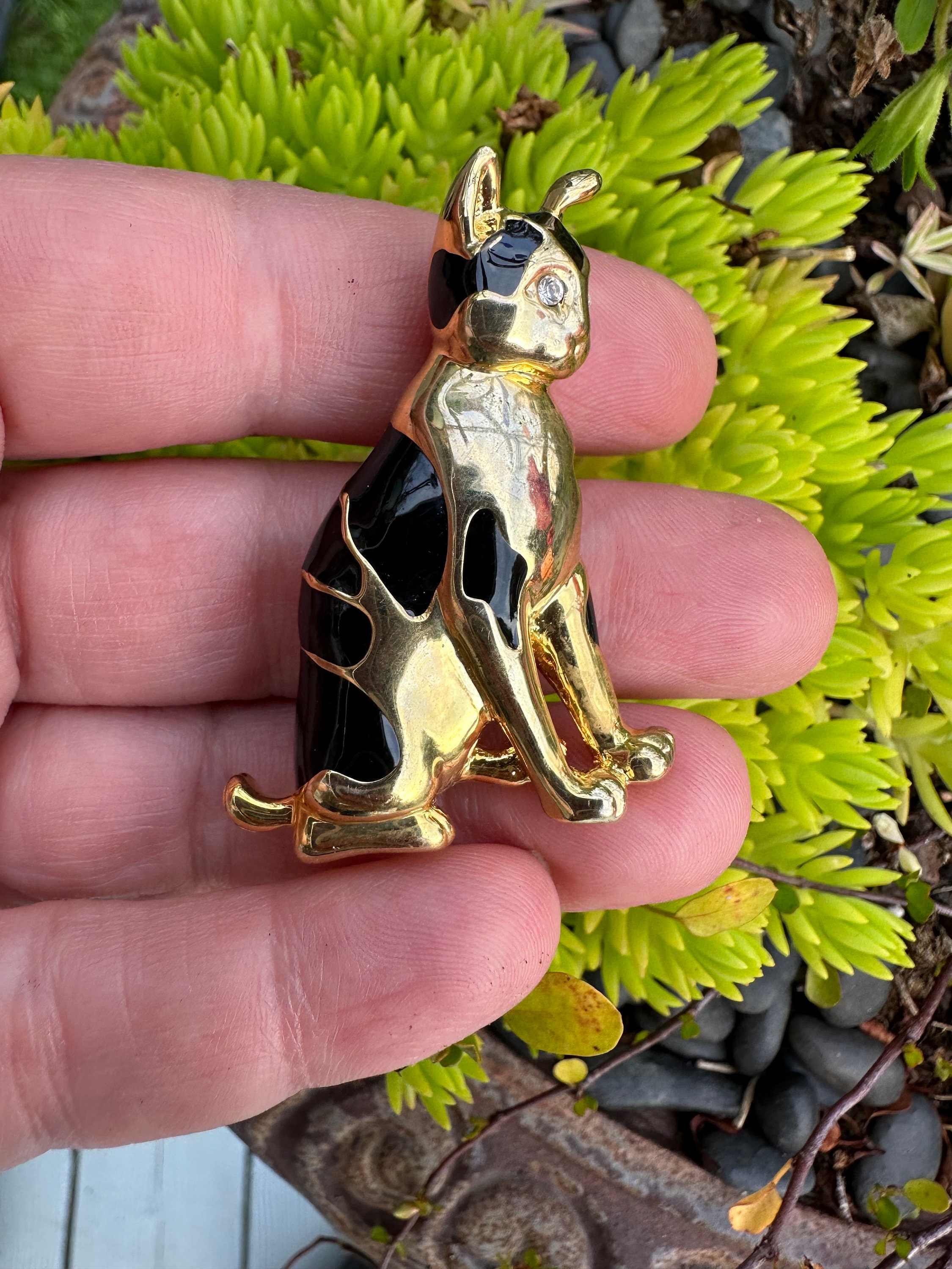 Broche Chat En Alliage Doré Avec Yeux Strass - Bijou Fantaisie Vintage, Occasion