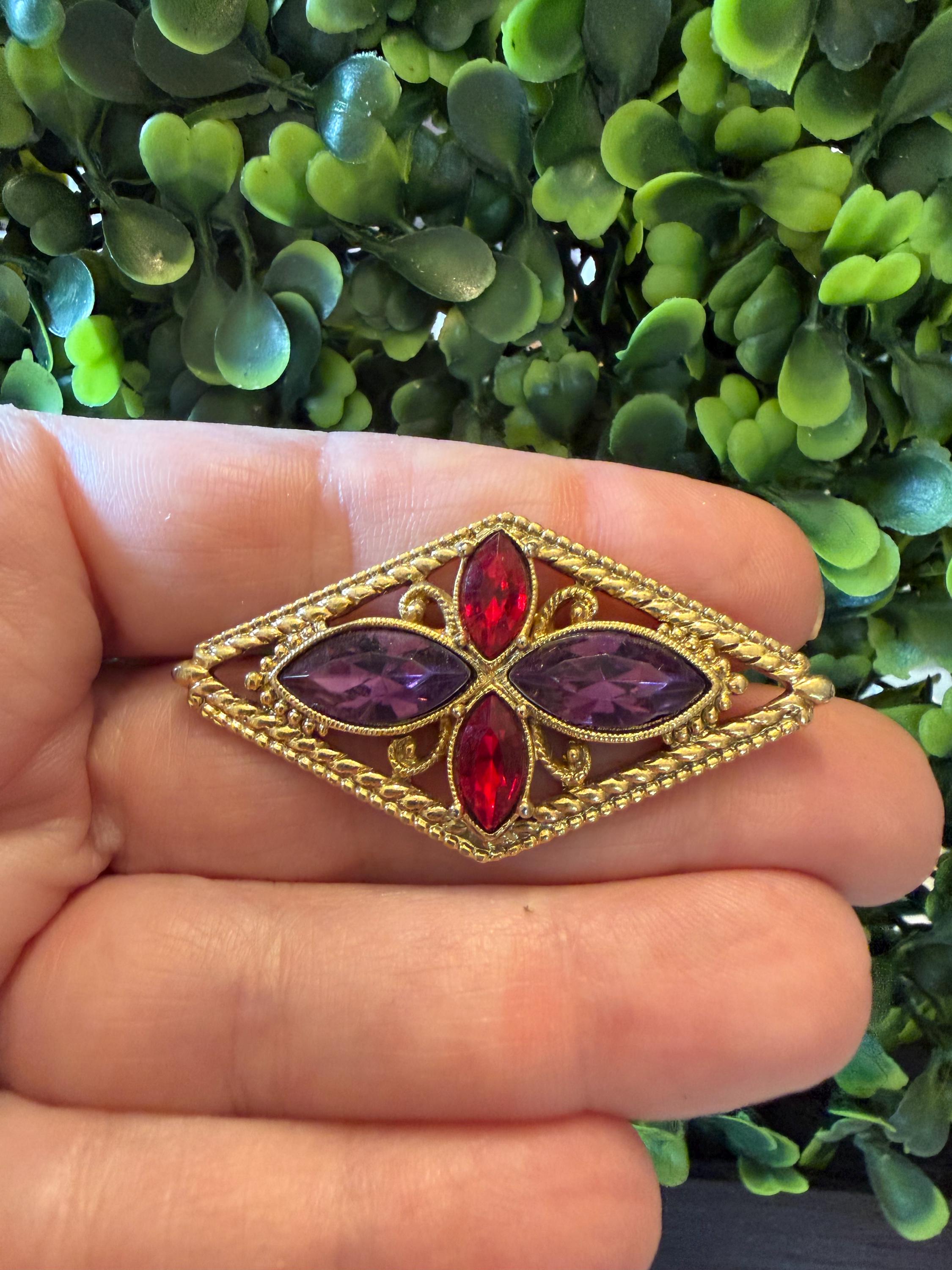 Vintage Jewelry Brooch 1928 Red Purple Rhinestone Gold Tone Pin - Etsy