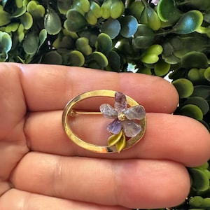 Vintage Amethyst Flower Brooch: Enamel Gold Tone Pin