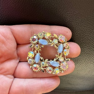 Vintage Rhinestone Brooch: Blue Moonglow AB Gold Tone Pin