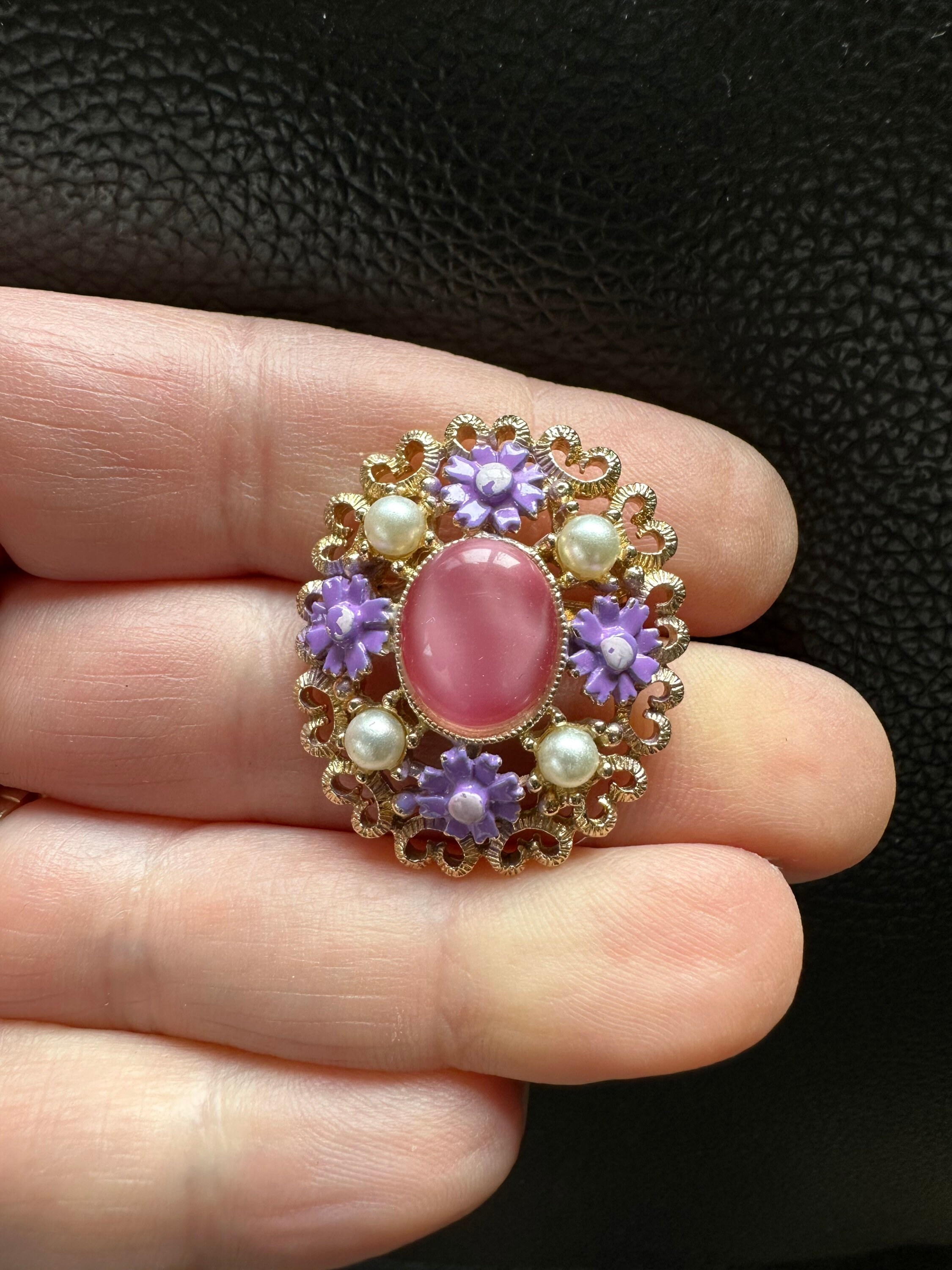 Vintage Enamel Flower Brooch: Pink Pearl Pin - Etsy