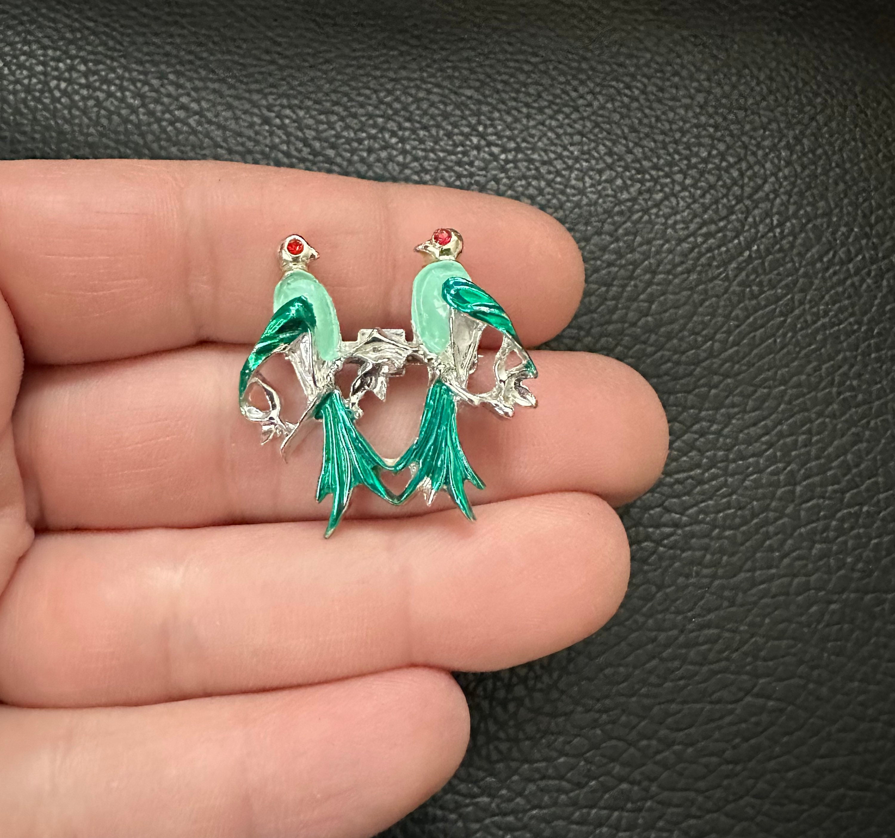 Broche Ancienne Figurative à 3 Oiseaux Sur Une Branche - Strass, Finition Argentée, Occasion