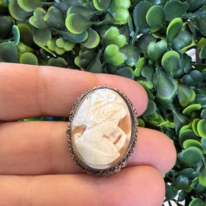 Puede incluir: Broche ovalado con camafeo que representa el perfil de una mujer en relieve crema, engastado en un marco plateado detallado. El fondo es un exuberante follaje verde. Una joya clásica.