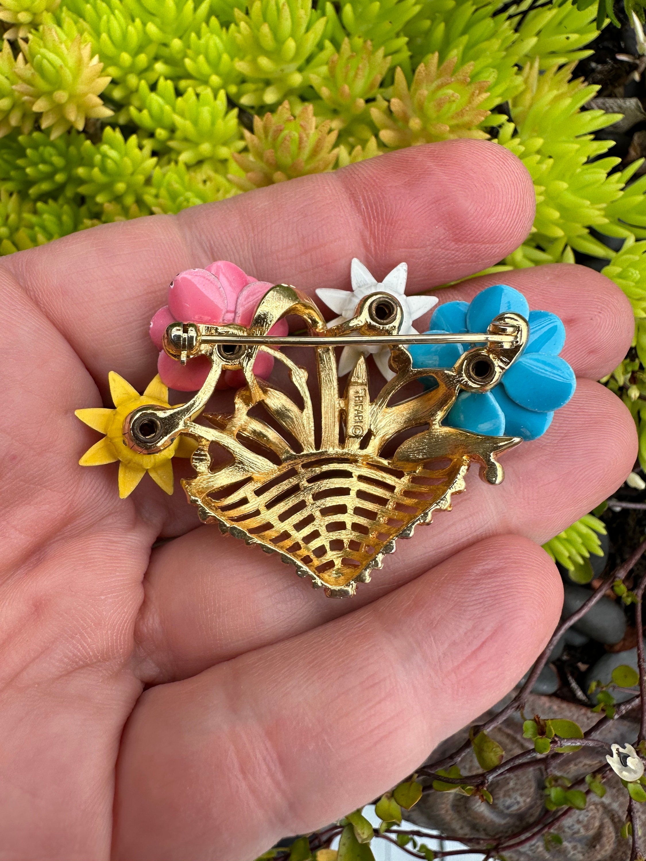 Vintage Crown Trifari Brooch: Enamel Flower Basket Pin - Etsy