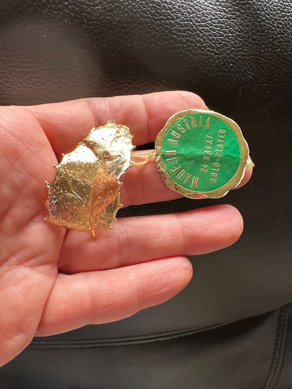 Vintage Jewelry Brooch Vienna Real Wood Leaf Austria 24k Gold Plated Pin