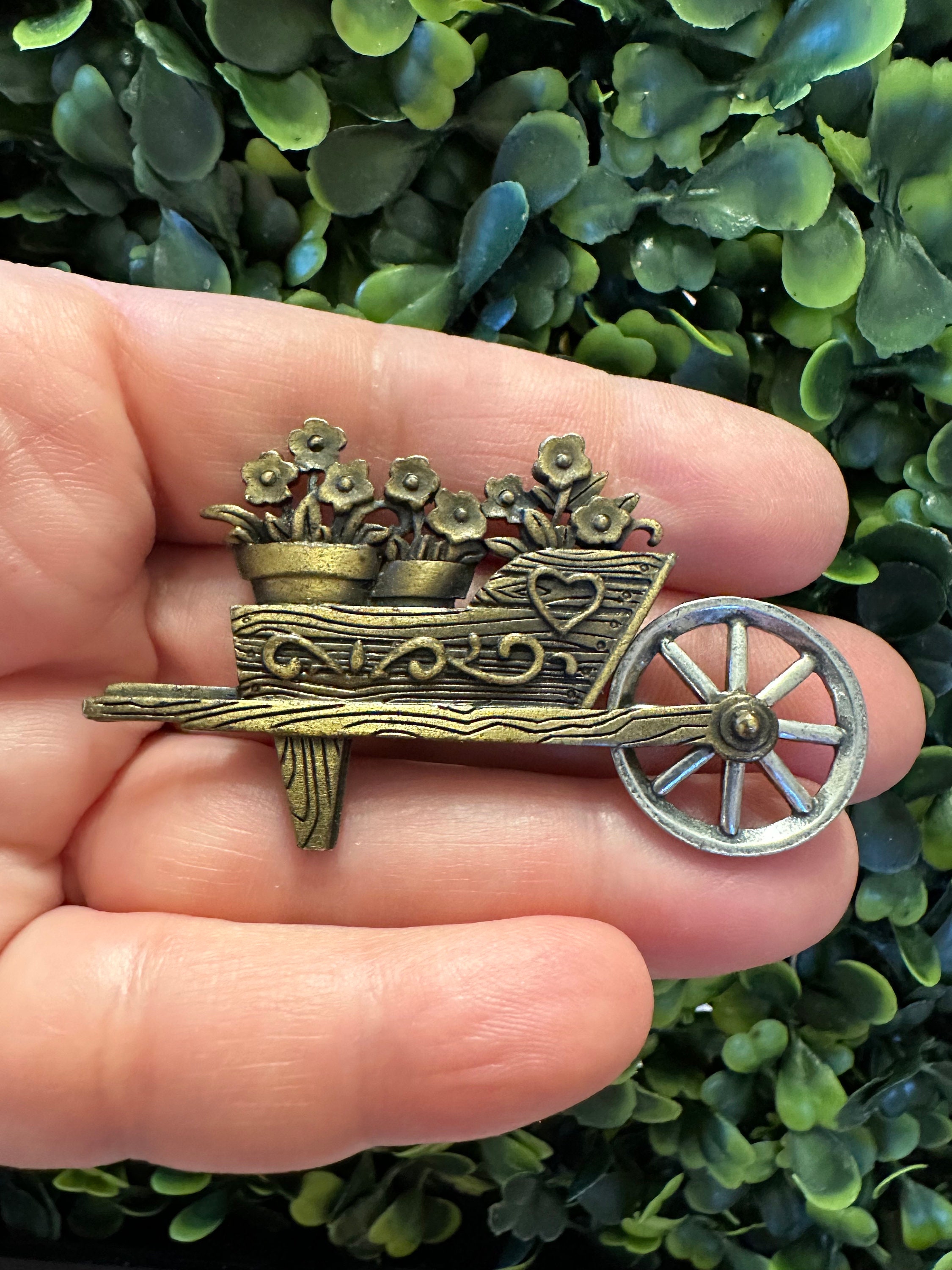 Vintage Jewelry Brooch Signed JJ Jonette Flower Wheelbarrow 