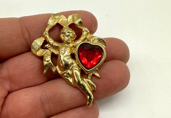 Vintage Jewelry Brooch Beautiful Cherub Red Rhine… - image 1