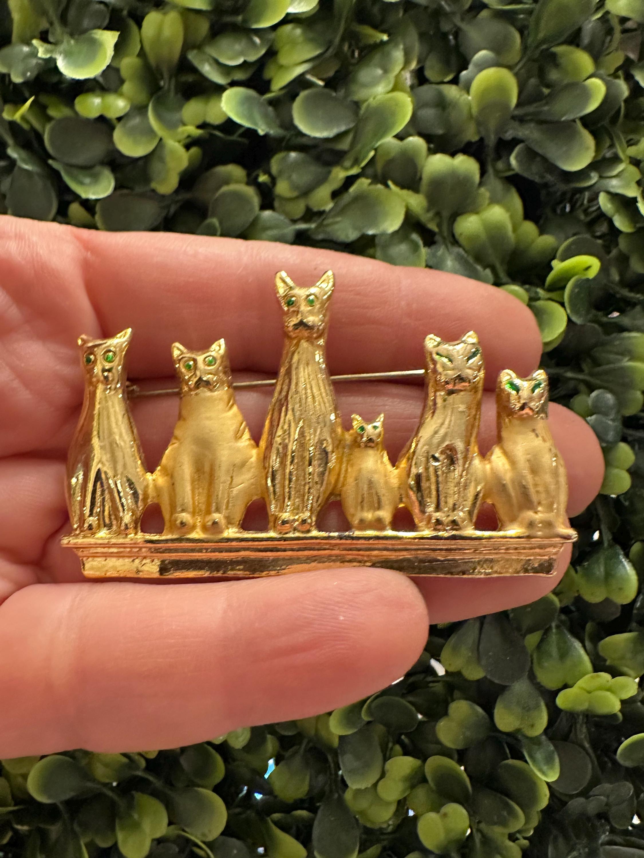 Vintage Jewelry Brooch Adorable Green Eyes Kitty Cat Friends Gold Tone ...