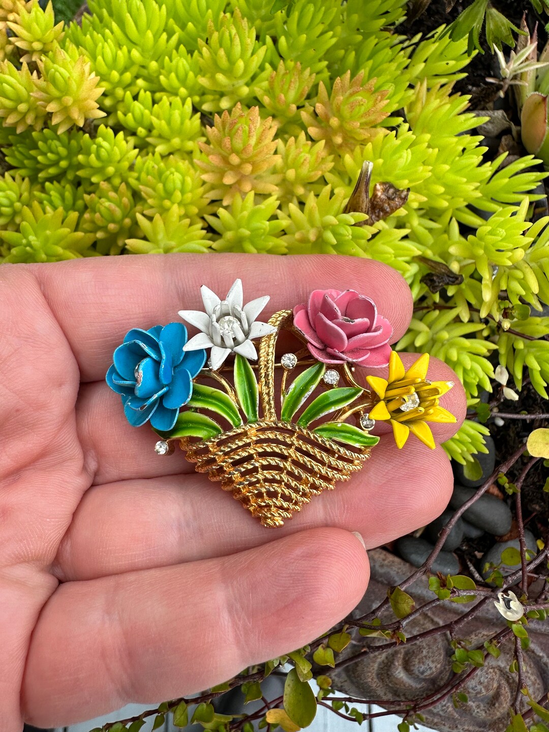 Vintage Crown Trifari Brooch: Enamel Flower Basket Pin - Etsy