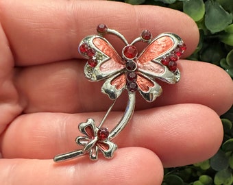 Vintage Jewelry Beautiful Red Enamel Rhinestone Butterfly Silver Tone Pin Brooch