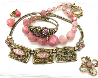 Vintage Broken Jewelry Lot Pink Rhinestone Pieces for Crafting