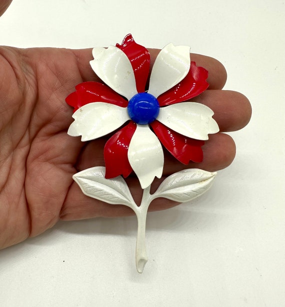 Vintage Jewelry Brooch Beautiful Red white Blue P… - image 1