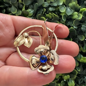 Vintage Sterling Vermeil Flower Brooch: Blue Rhinestone Pin