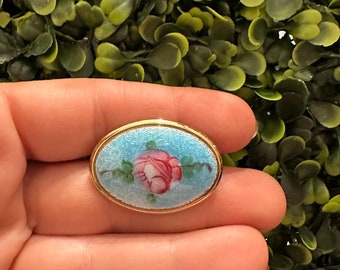 Vintage Jewelry Brooch Beautiful Pink Blue Enamel Pin with Rose