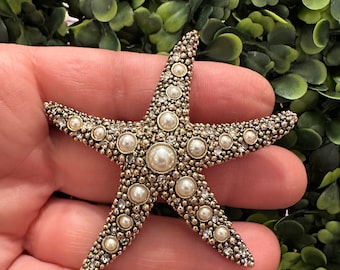 Vintage Jewelry Brooch Beautiful Signed Napier Pearl Rhinestone Starfish Gold Tone Pin