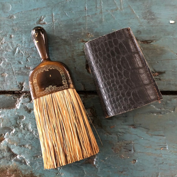 Vintage Miniature Small Whisk Broom Metal Handle Leather Case 