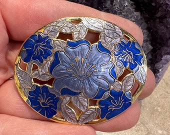 Vintage sieraden broche mooie cloisonné blauw violet emaille bloem goudkleurige pin