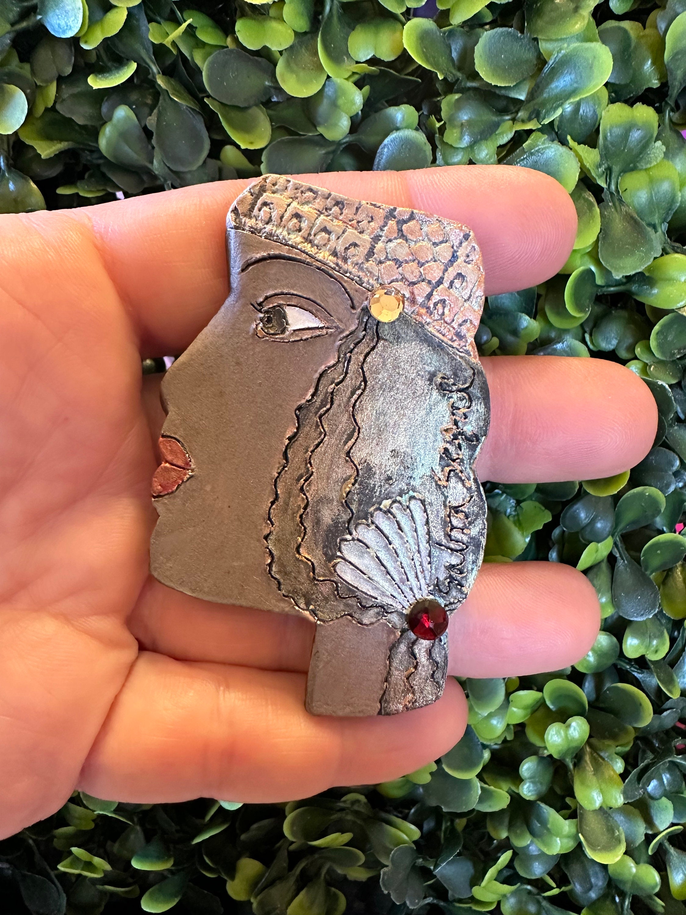 Vintage Sabra Segal Brooch: Ceramic Woman Face Pin