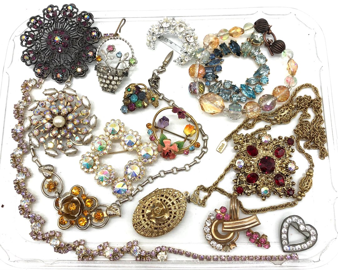 Vintage Broken Rhinestone Jewelry Findings Parts Brooch Embellishments Lot Repurpose Colorful