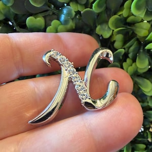 Vintage Jewelry Brooch Signed Monogram Initial N Rhinestone Silver Tone Pin