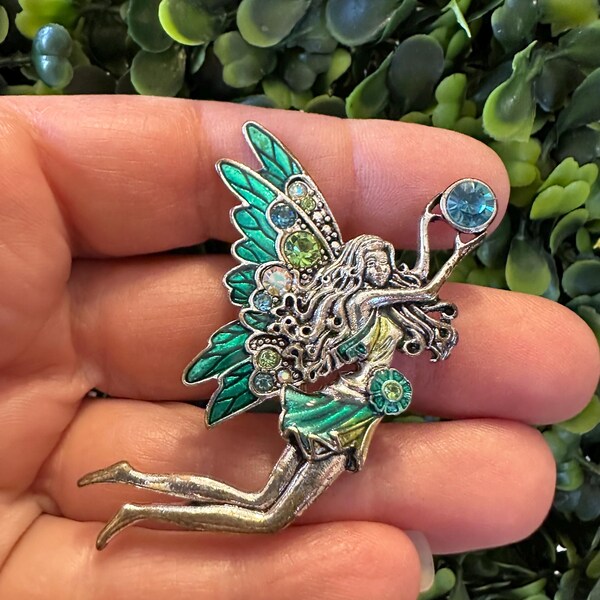 Vintage sieraden broche mooie strass blauwgroen emaille fee pin