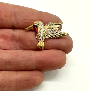 Vintage Jewelry Brooch Signed Roman Enamel Hummingbird Rhinestone Gold Tone Pin