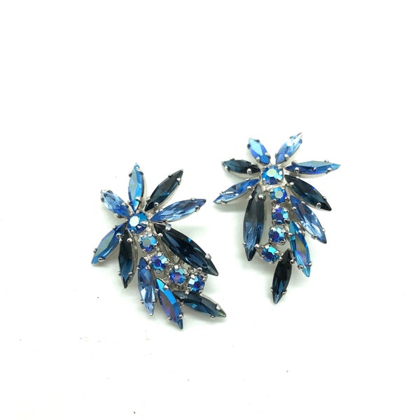 Vintage Signed Sherman Blue Rhinestone Clip On Earrings