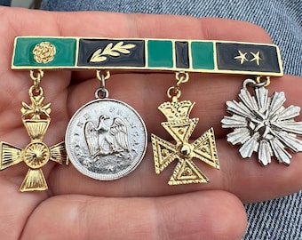 Vintage Maltese Cross Brooch: Enamel Gold Tone Coin Medal Charm