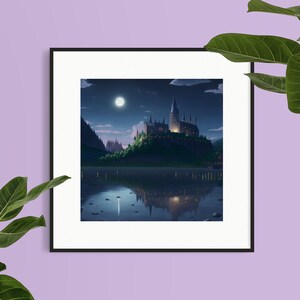 May include: A digital illustration of a castle with a full moon in the night sky, reflected in the water below.