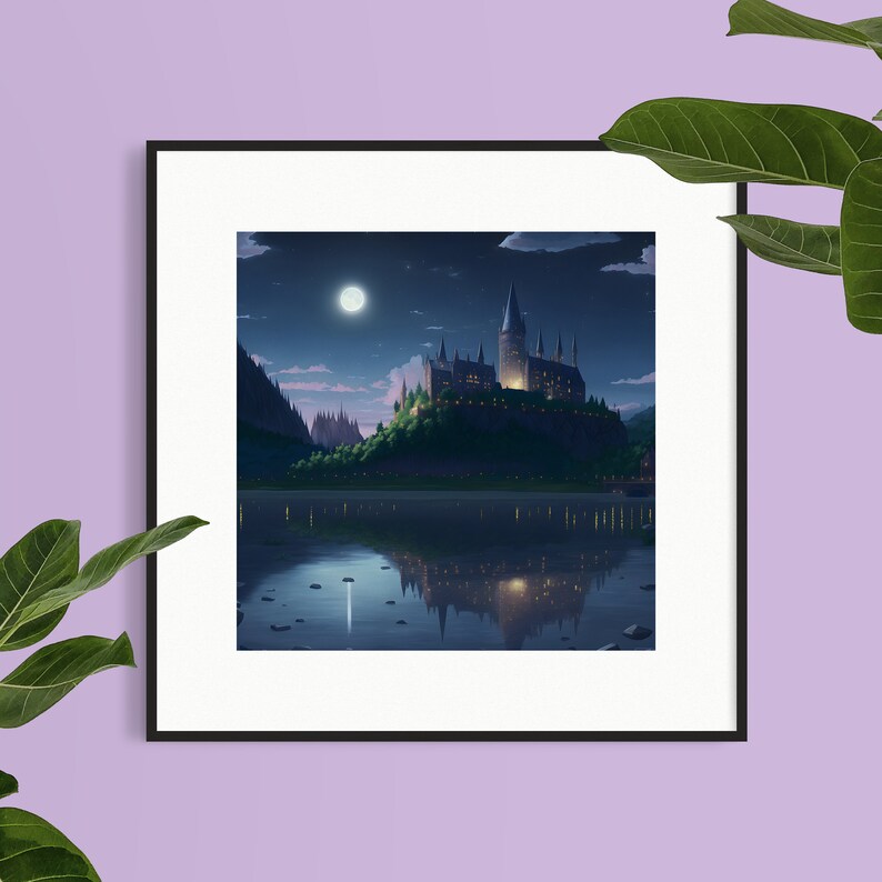 May include: A digital illustration of a castle with a full moon in the night sky, reflected in the water below.