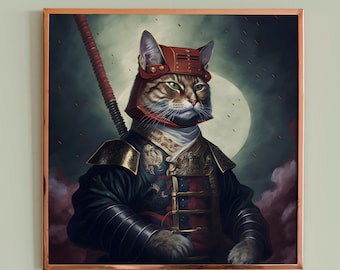 Samurai Cat Art Print, Unique Room Decor