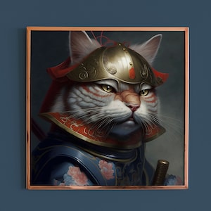 Fantasy Samurai Cat Portrait, Funny Cat Print, Cool Cat Gift, Unique Cool Wall Art, Bedroom Wall Decor, Colorful Art Print, Geek Print