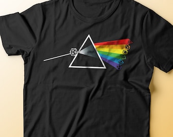 May include: A black t-shirt with a graphic of a prism splitting light into a rainbow, with dice replacing the colors of the rainbow.