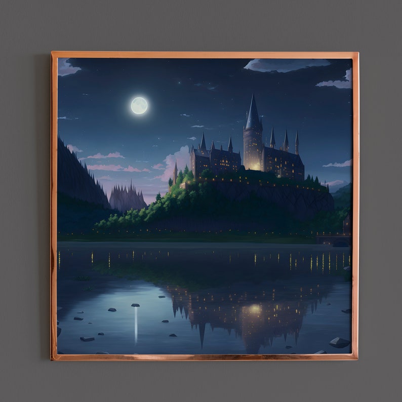 May include: A digital painting of a large, dark castle with many towers and windows, set against a night sky with a full moon. The castle is reflected in a still lake in the foreground.