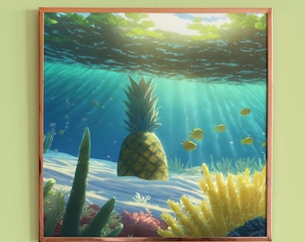 Underwater Pineapple Art Print, Funny Ocean Poster