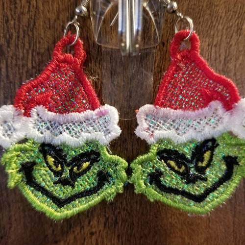 Digital Pattern - 1 ADULT set Grouch-Grinch FSL Earrings Machine Embroidery Digital Design