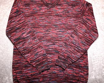 Suéter vintage Jhane Barnes con cuello en V para hombre, talla L, rojo y negro, tejido abstracto texturizado, estilo abuelo.