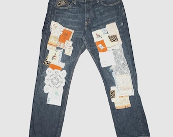 Levi's 511 Jeans Womens 32x30 Custom Patchwork Upcycled Denim Lace Boho Cottage