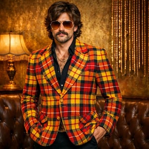 Blazer vintage de lana a cuadros de los años 70, 40R, Beau Monde Hong Kong, abrigo deportivo disco a medida